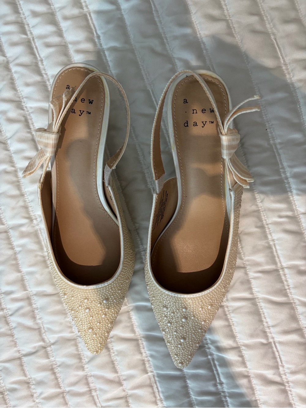 a new day Ivory Pearl-Embellished Pointed Slingback kitten heels
